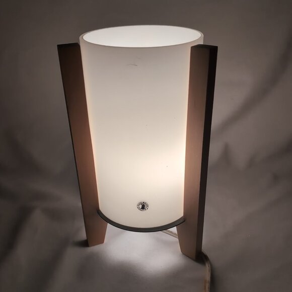 IKEA Porfylit Vintage Rocket Tripod Table Lamp White Glass Beige Wood 90s Retro - Picture 2 of 16
